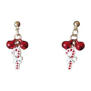 Christmas Red and White Candy Cane Earrings with Red Bells and Silver-Tone Metal